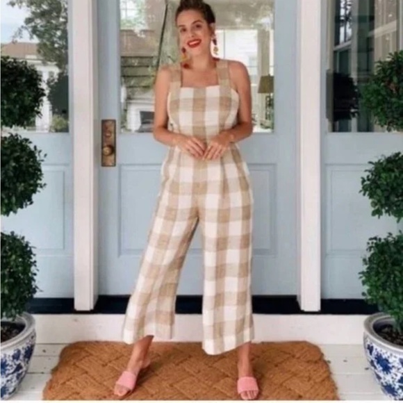Gal meets glam Linen Plaid wide leg Sleeveless jumpsuit in Brown Cream size s - Picture 12 of 12